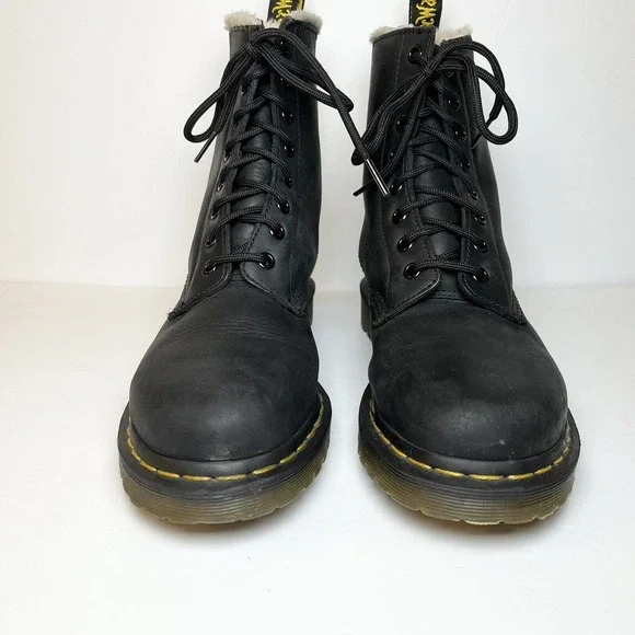 Dr Martens Boots Size 8 Black Leather 1460 Serena Faux Fur Lined Lace Up - Picture 4 of 14